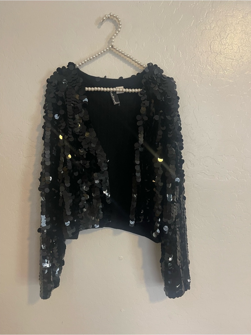 Anne Klein Black Sequin Open-Front Cardigan